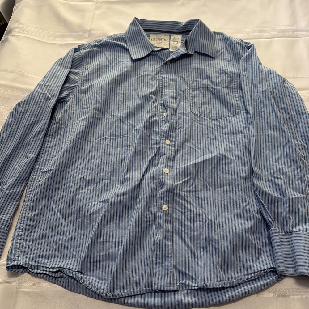 Aeropostale Mens XL Blue White Striped Long Sleeve Button Down Cotton Shirt